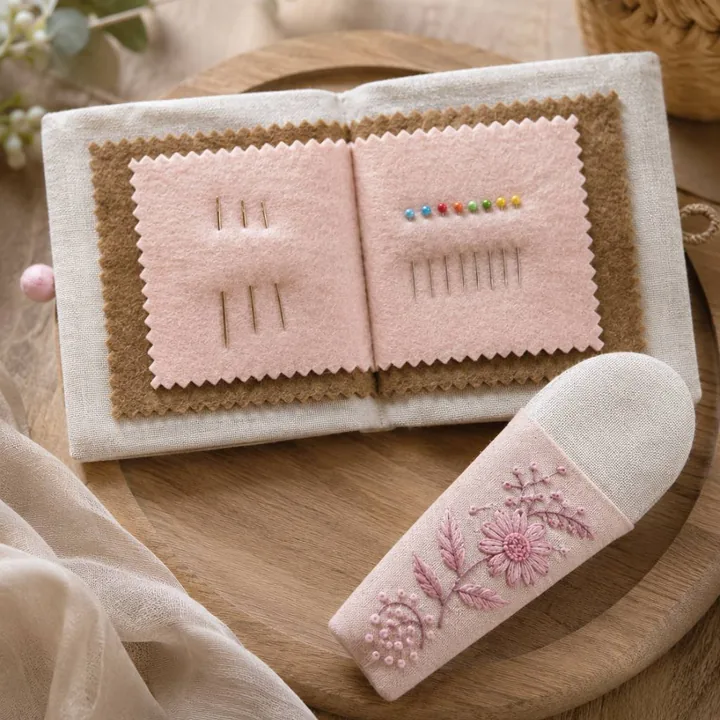 粉色毛氈針冊與花卉刺繡剪刀套